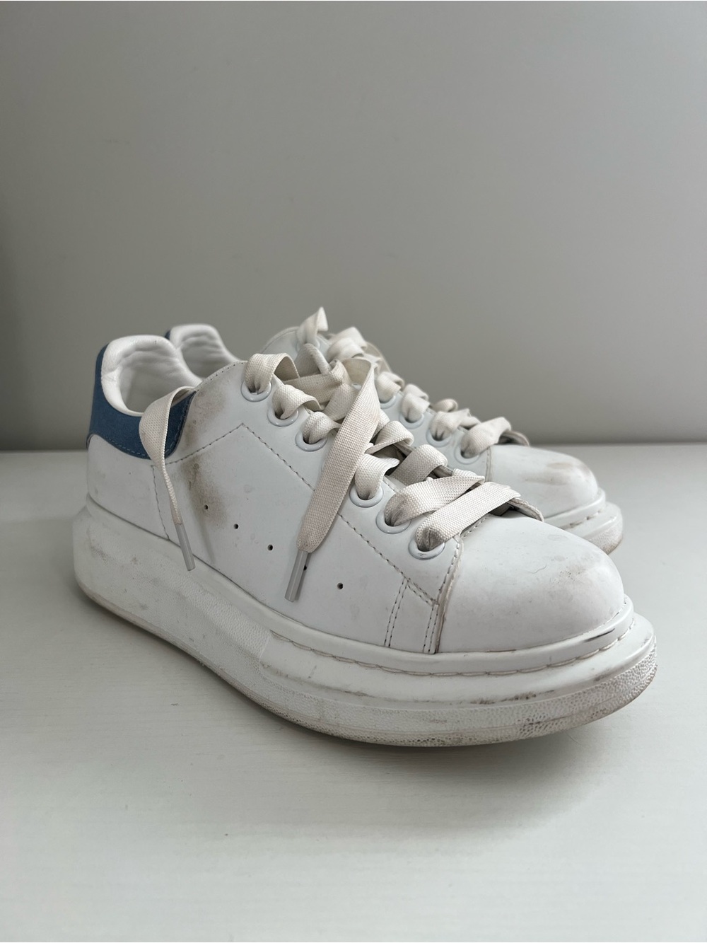 White Leather Sneakers with Blue Heel Detail